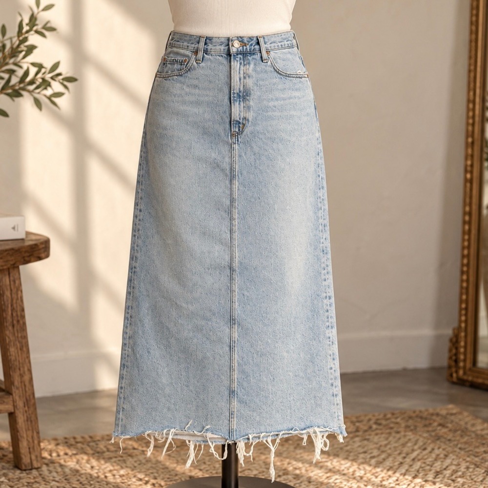 AGOLDE Hilla Denim Maxi Skirt 33 Light Wash Organic Cotton 90s Inspired Grunge